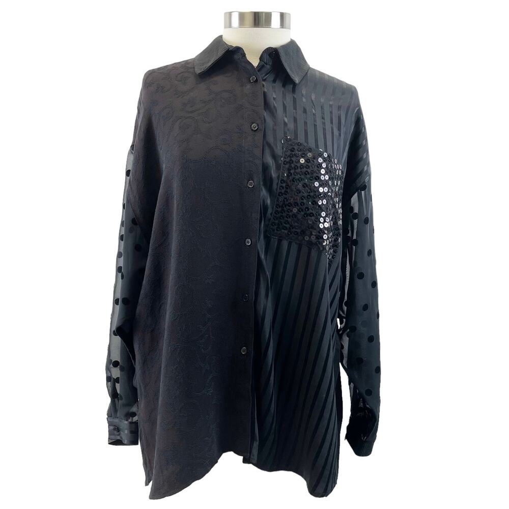 Cache Womens Blouse Black Burgundy Sequin‎ Stripe Polka Dot Sheer Sleeves Size 2